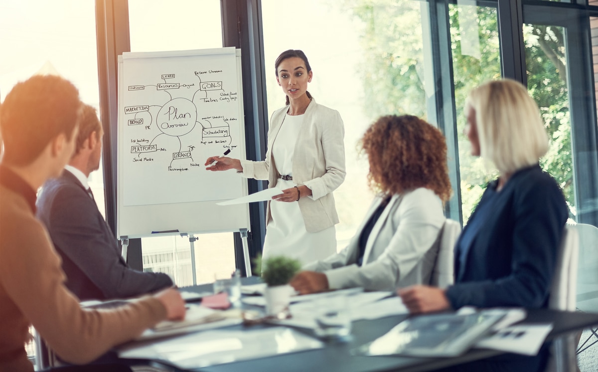 A Professional Presenting A Detailed Plan During A Meeting, Symbolizing The Essential Sleep Coach Skills And Qualities Needed For Building A Successful Career.
