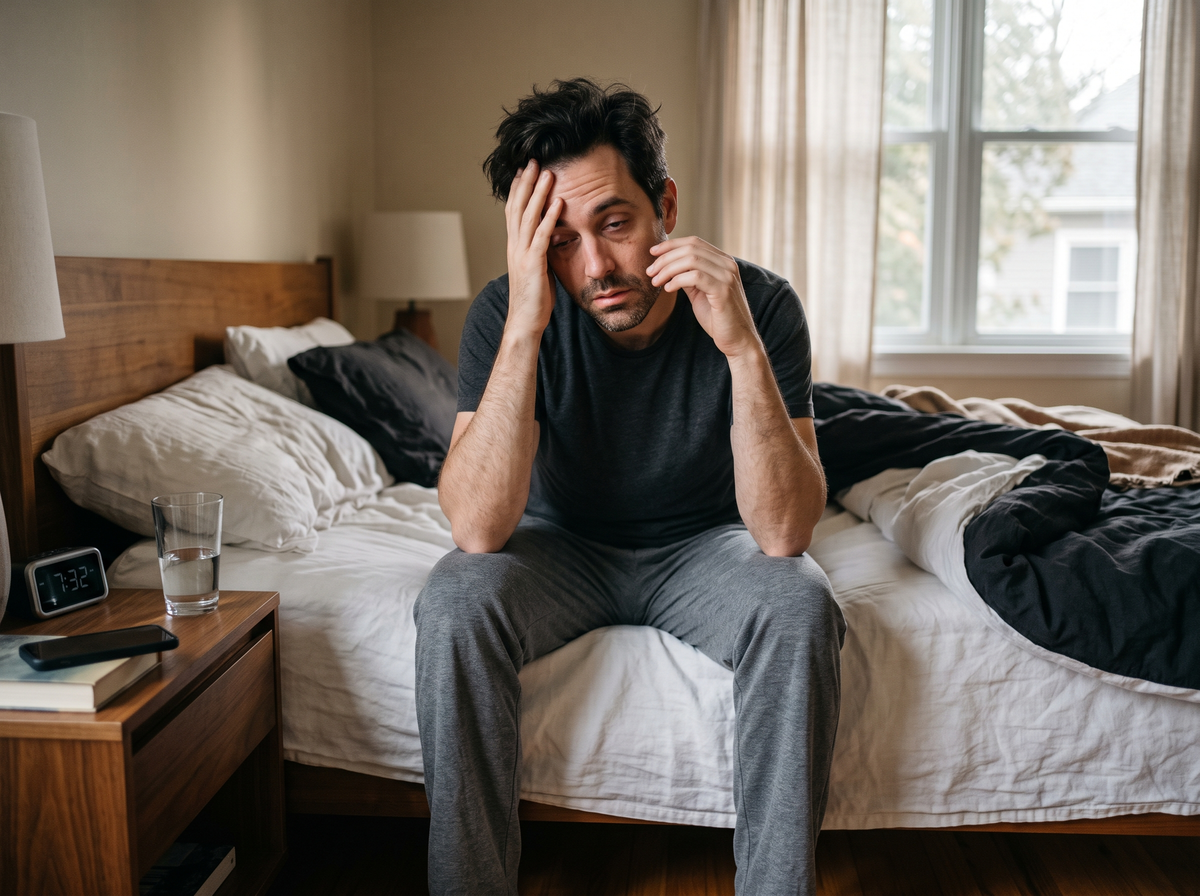 Tired Man Sitting On The Edge Of His Bed After A Bad Night'S Sleep, Looking Fatigued The Next Morning.