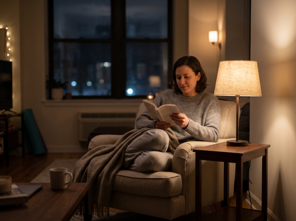 Person Reading A Book In Soft Evening Light As Part Of A Relaxing Bedtime Routine To Support Healthy Sleep.