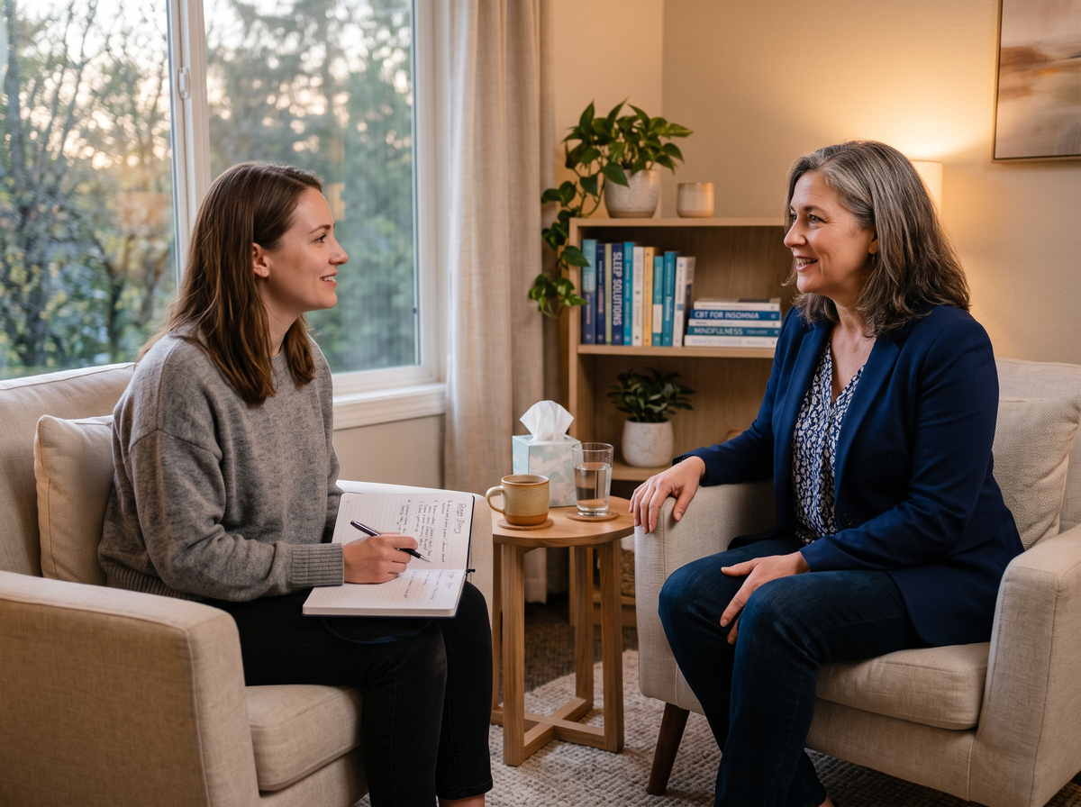Sleep Coach Meeting With A Client To Discuss Cognitive Behavioral Therapy For Insomnia (Cbt-I).