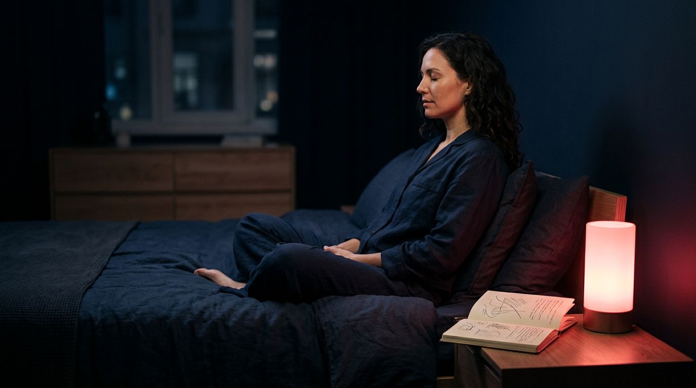 A Woman Meditating On A Bed Next To A Glowing Lamp In A Quiet Bedroom.