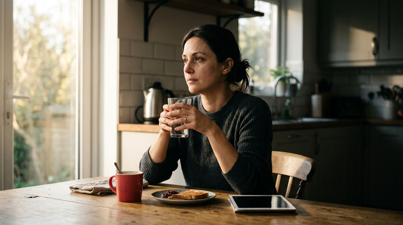 A Tired Woman Holds A Glass Of Water At A Bright Kitchen Table With Coffee.