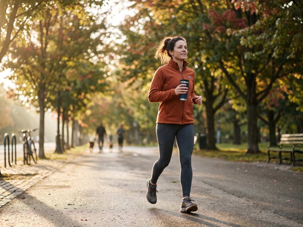 Woman Walking Outdoors In Morning Sunlight To Help Restore Alertness And Support A Healthy Circadian Rhythm After Poor Sleep.