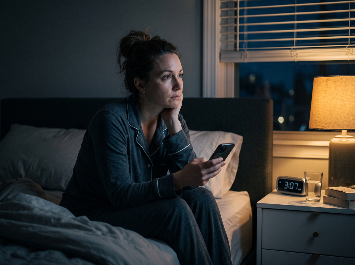 Woman Sitting Awake In Bed At 3 Am Holding Her Phone, Illustrating Nighttime Awakening And Insomnia.