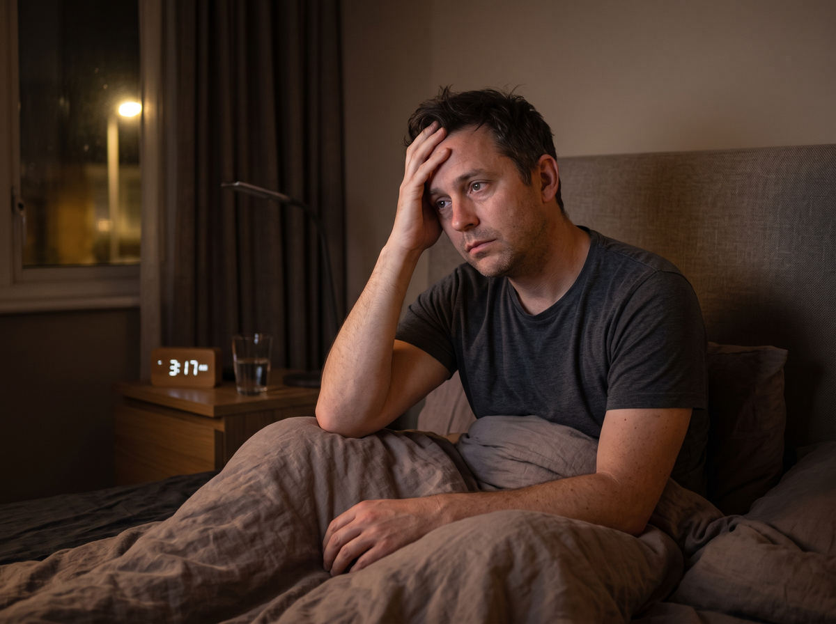 Person Sitting Awake In Bed At Night Looking Tired And Frustrated After Waking Up During The Night With Insomnia