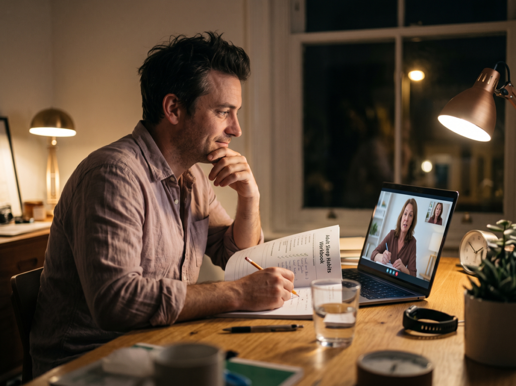 Adult Participating In A Virtual Sleep Coaching Session While Reviewing A Sleep Workbook And Discussing Personalized Strategies To Improve Sleep Habits.