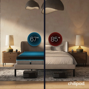 ChiliPad bed cooling system showing a cool 67°F sleeping surface compared to a warm 85°F bed.