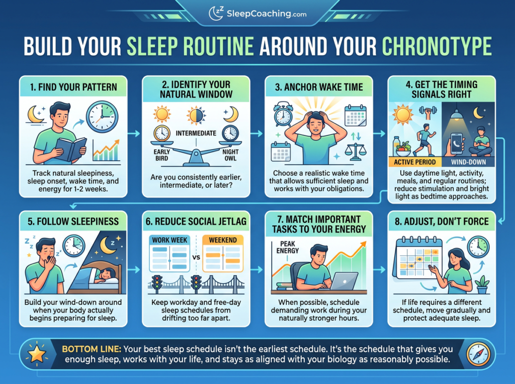 Infographic Showing Eight Steps To Build A Chronotype Sleep Routine, From Identifying Natural Sleep Patterns To Reducing Social Jetlag And Adjusting Your Schedule.