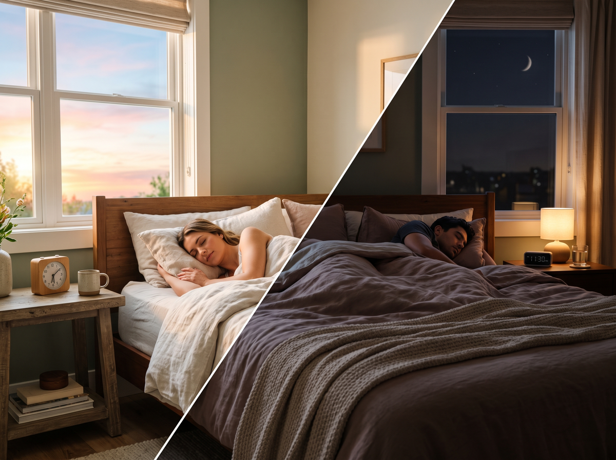 Woman Sleeping In Morning Light And Man Sleeping At Night, Illustrating Different Chronotypes And Sleep Routines.