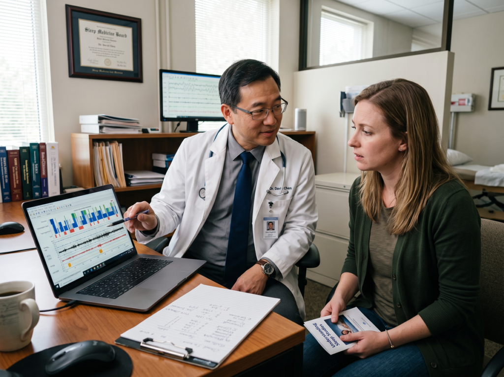 Healthcare Professional Reviewing Sleep Data With A Patient During A Clinical Evaluation For Persistent Sleep Problems.