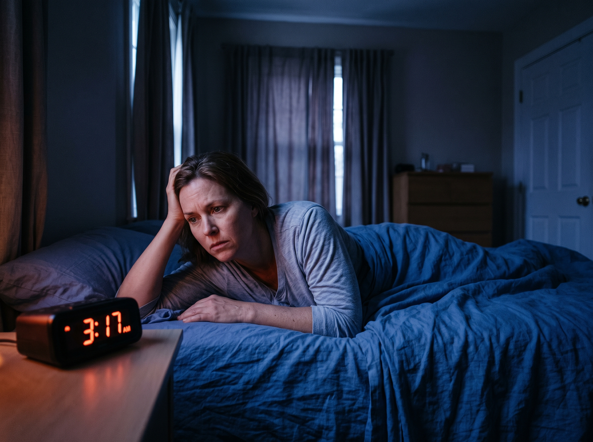Woman Lying Awake In Bed Watching A Bedside Clock At 3:17 Am During A Bout Of Insomnia.