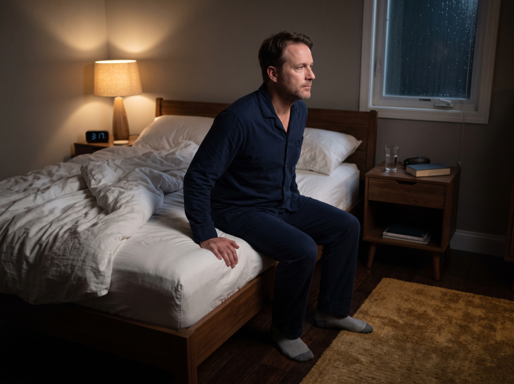 Man Sitting On The Edge Of His Bed During A Nighttime Awakening Before Practicing Stimulus Control For Insomnia.