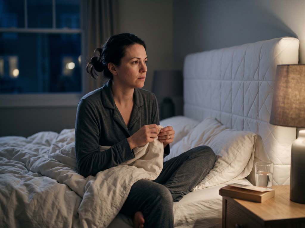 Person Sitting Awake In Bed At Night, Feeling Mentally Alert Despite Being Physically Tired And Unable To Sleep.