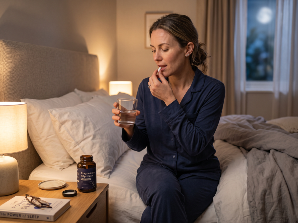 Woman Taking Magnesium Glycinate With Water At Bedtime As Part Of A Magnesium For Sleep Routine.