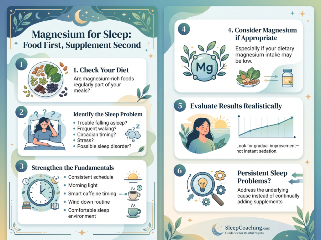 Magnesium For Sleep Infographic Showing A Six-Step Food-First Approach To Diet, Sleep Habits, Supplementation, And Persistent Sleep Problems.