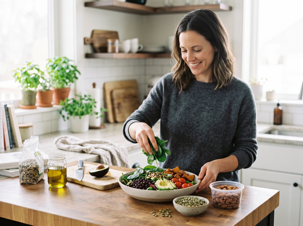 Woman Preparing A Meal With Magnesium-Rich Foods Including Spinach, Black Beans, Avocado, Pumpkin Seeds, And Almonds.