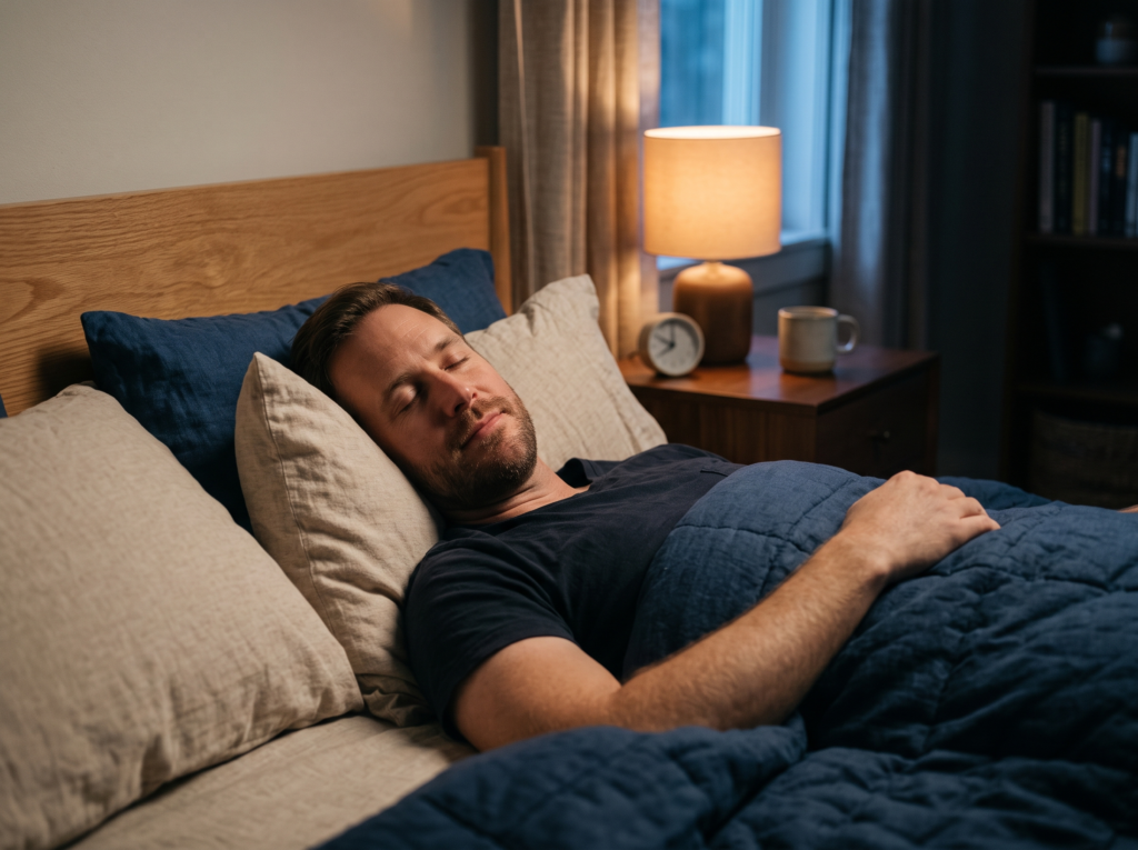 Man Relaxing Peacefully In Bed At Night As His Body Transitions Toward Sleep.