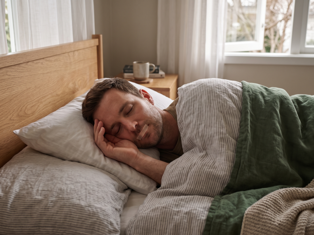 Man Sleeping On His Side With Mouth Tape To Encourage Nasal Breathing During Sleep.