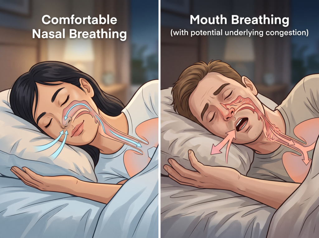 Illustration Comparing Comfortable Nasal Breathing With Mouth Breathing During Sleep Caused By Potential Nasal Congestion.