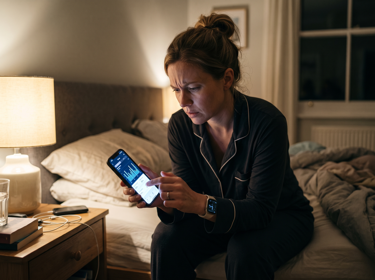 Woman Reviewing Sleep Tracking Data At Night, Illustrating Orthosomnia And Anxiety About Sleep Scores.