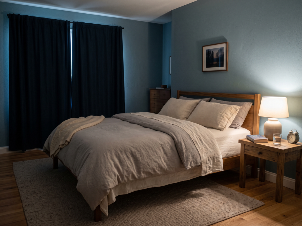 Quiet, Relaxing Bedroom With Blackout Curtains And Comfortable Bedding Designed To Support Better Sleep.