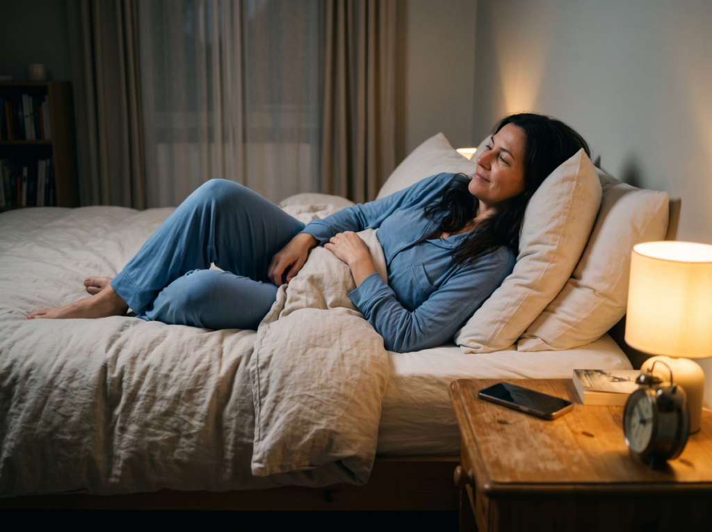 Relaxed Woman Resting Comfortably In Bed After Creating A Calm Environment That Supports Natural Sleep.