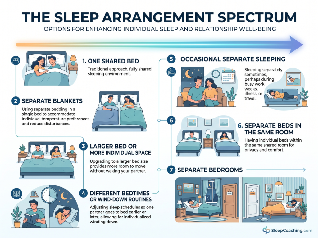 Sleep Arrangement Spectrum Showing Options For Couples From One Shared Bed To Separate Blankets, Beds, And Bedrooms.