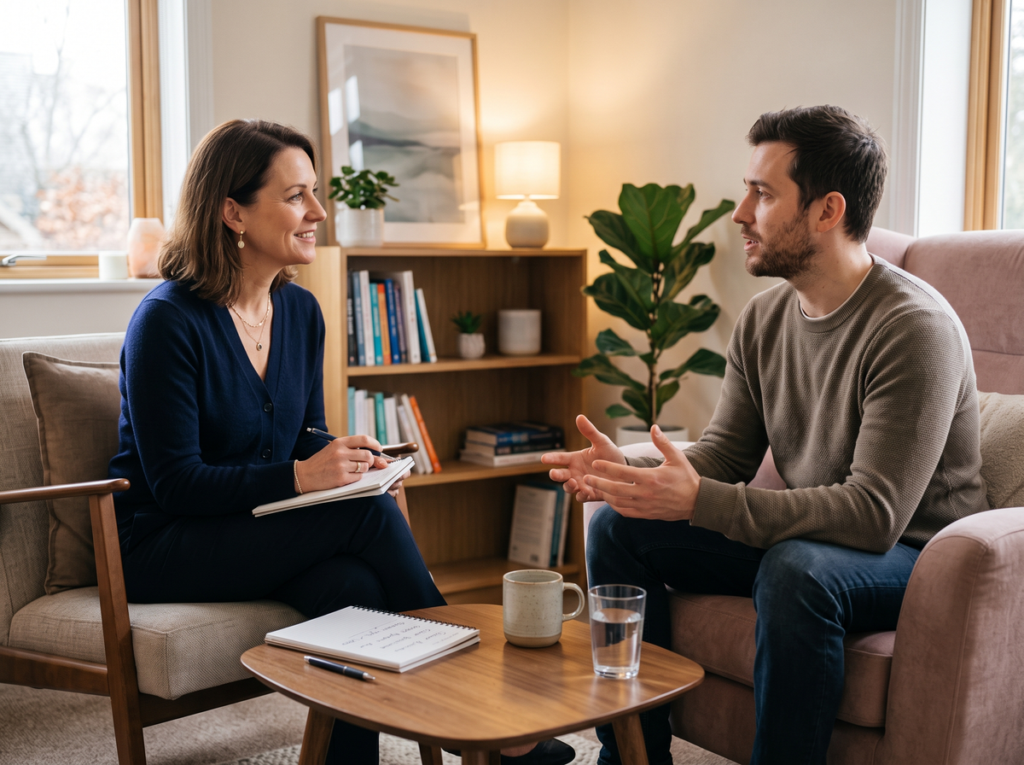 Sleep Coach Meeting With A Client To Provide Guidance, Accountability, And Practical Strategies For Improving Sleep Habits.