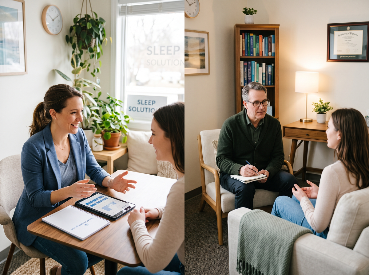 Sleep Coach And Therapist Meeting With Clients To Illustrate The Differences Between Sleep Coaching And Therapy And Help Determine Which Is Right For You.