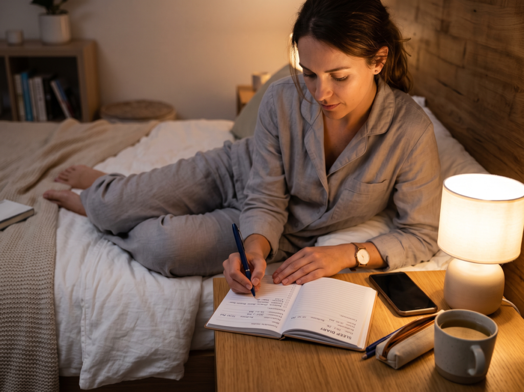 Person Writing In A Sleep Diary Notebook Beside The Bed To Track Insomnia Symptoms And Sleep Habits.