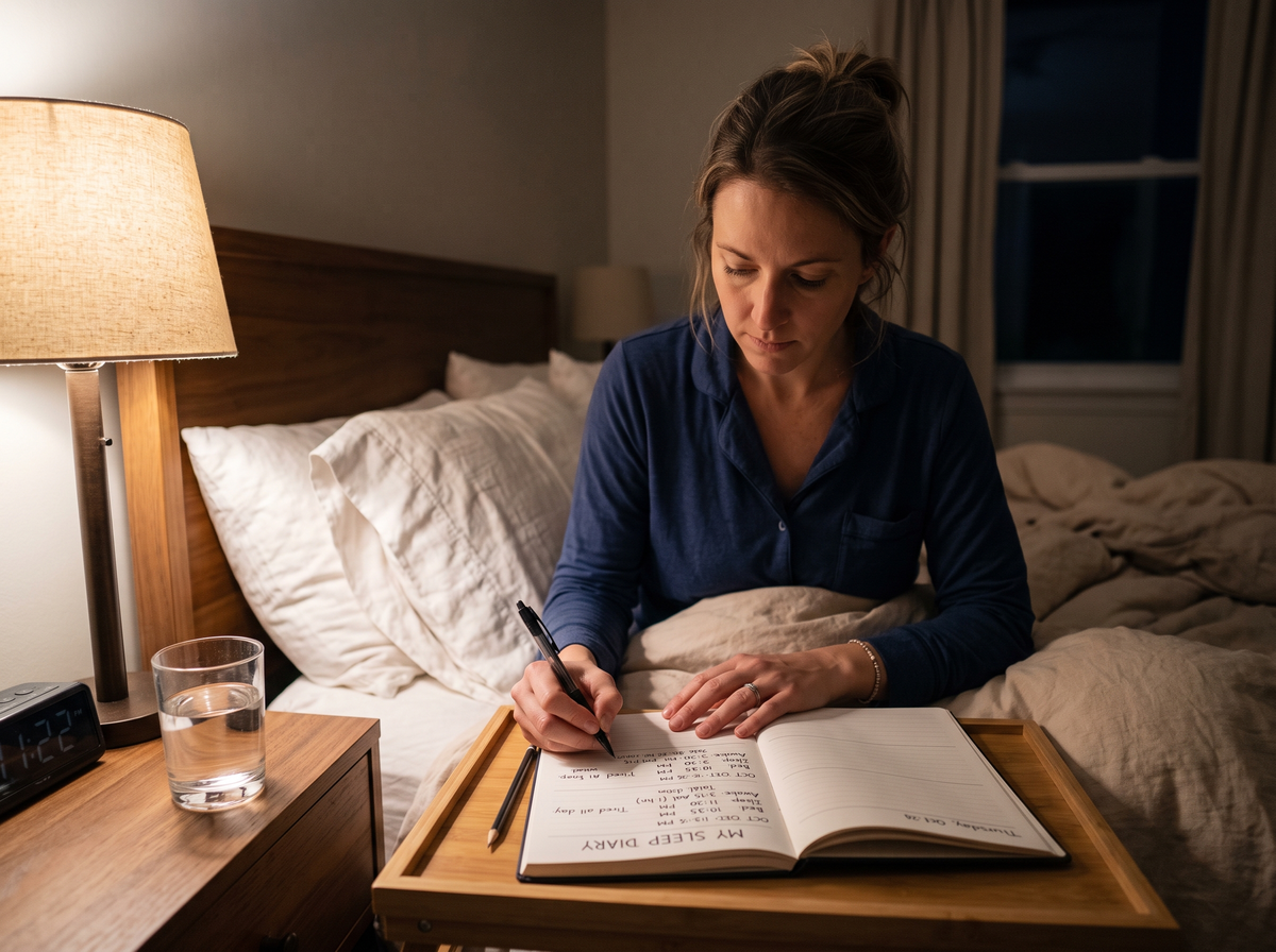 Woman Writing In A Sleep Diary Beside Her Bed To Track Insomnia Symptoms And Sleep Patterns.