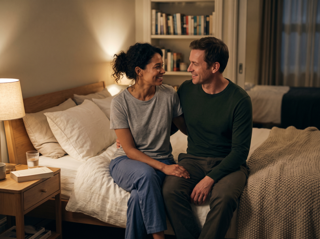 Couple Sharing A Warm Moment Together On The Edge Of Their Bed Before Sleep.