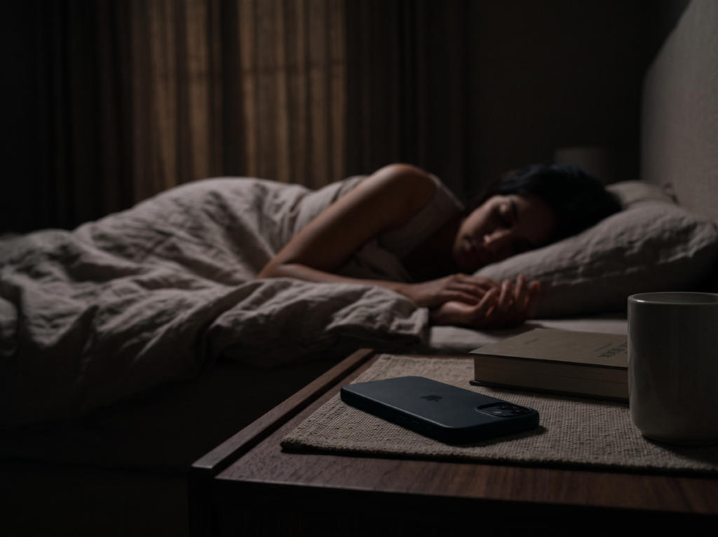 Smartphone Placed Face Down On A Bedside Table While A Person Sleeps Peacefully In Bed.