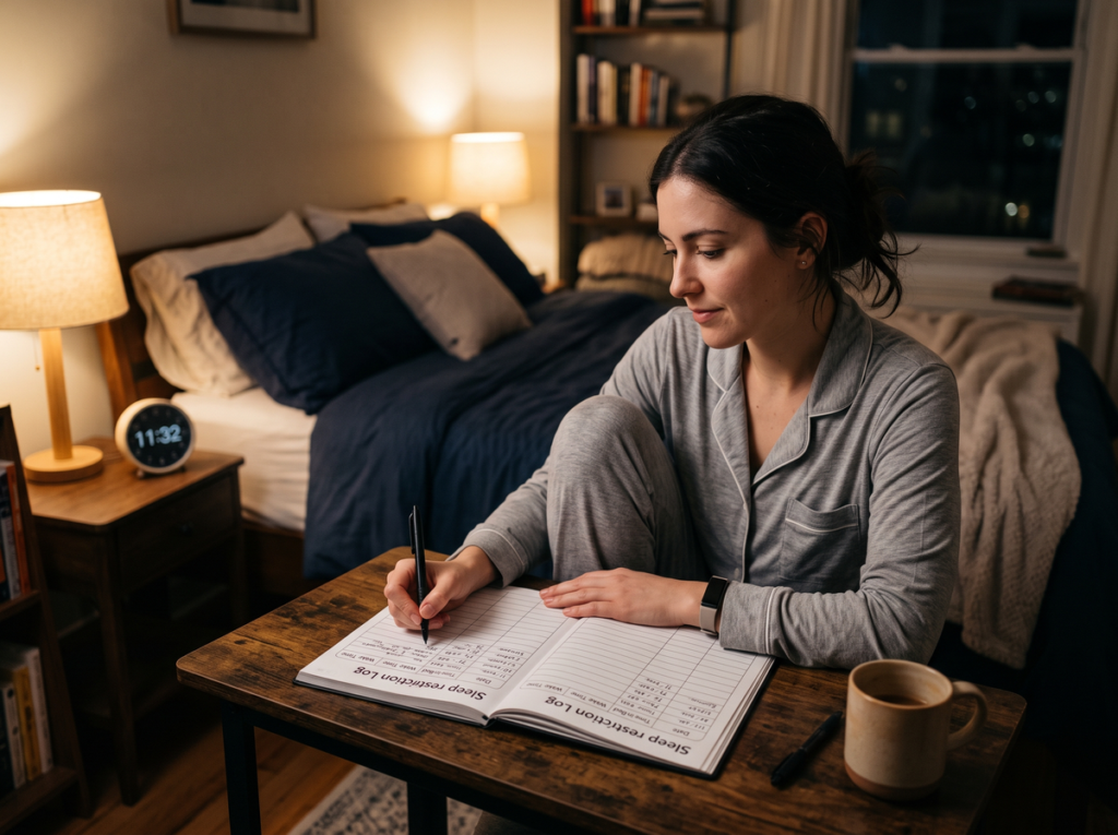 Woman Completing A Sleep Diary As Part Of Sleep Restriction Therapy For Insomnia