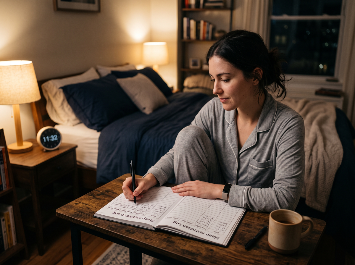 Woman Completing A Sleep Diary As Part Of Sleep Restriction Therapy For Insomnia