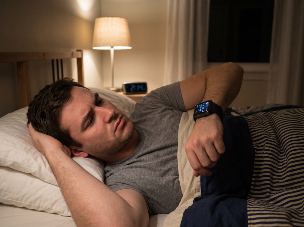 Man Lying Awake In Bed Checking Sleep Data On His Smartwatch At Night.