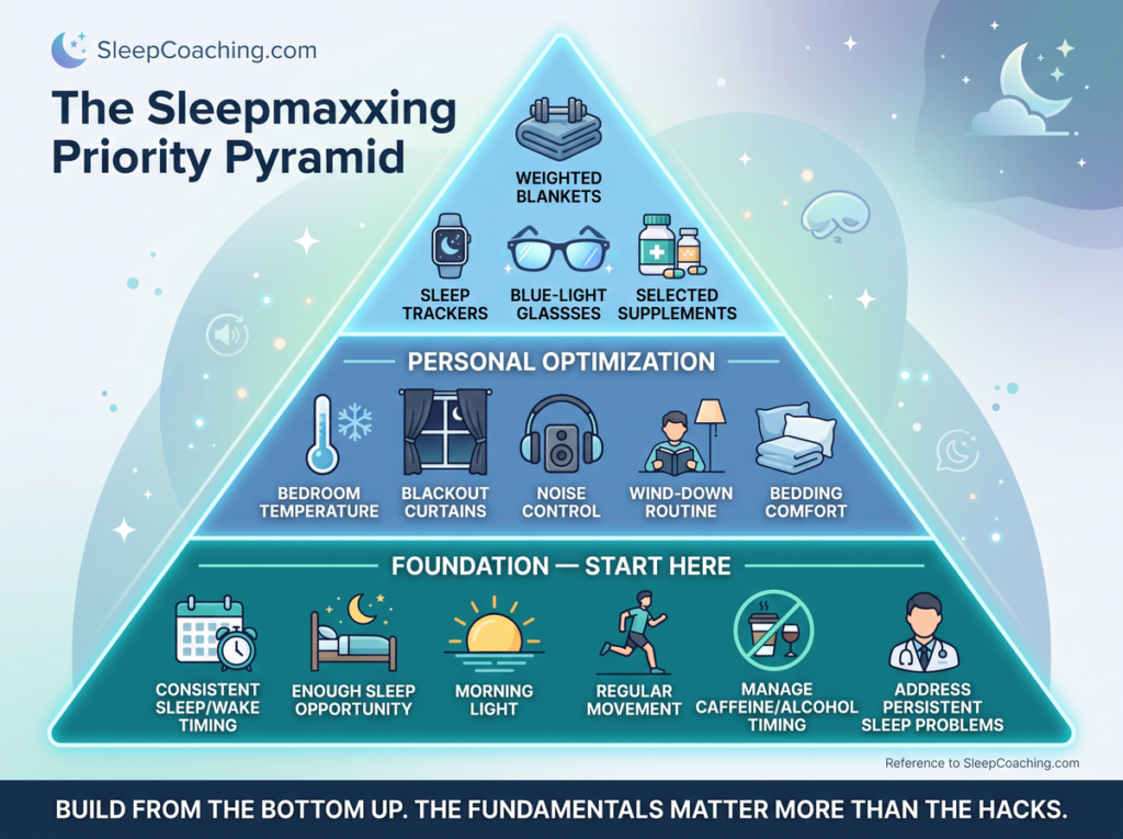 Sleepmaxxing Priority Pyramid Showing Foundational Sleep Habits, Personal Optimization Strategies, And Optional Sleep Extras.