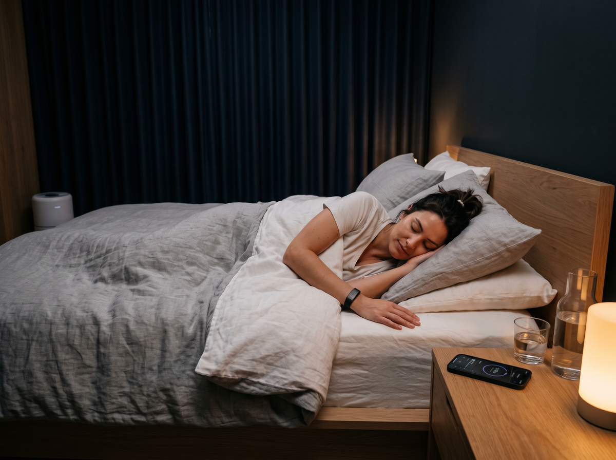 Woman Sleeping Peacefully In A Dark, Comfortable Bedroom While Wearing A Sleep Tracker As Part Of A Sleepmaxxing Routine.