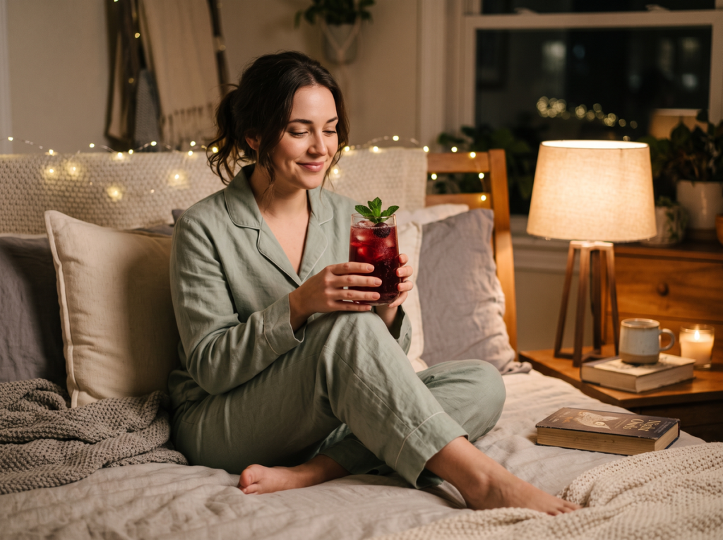 Woman Relaxing In Bed With A Tart Cherry Sleepy Girl Mocktail Before Bedtime.