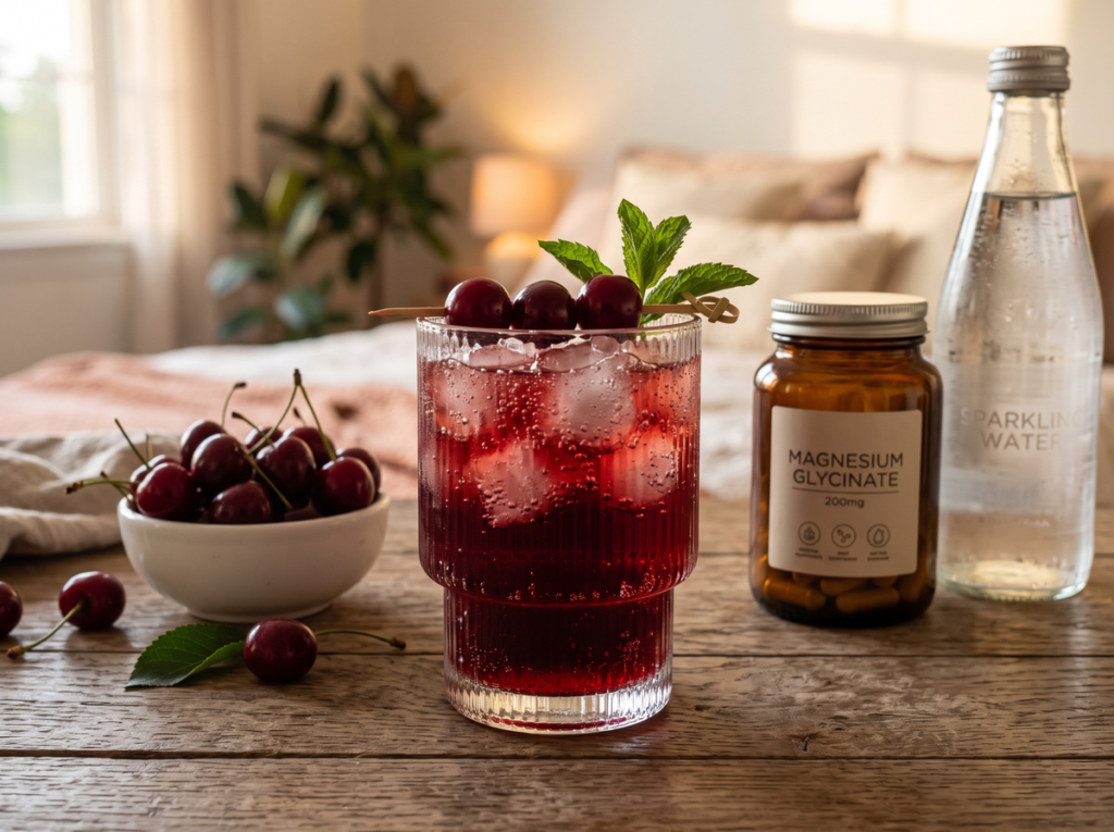 Sleepy Girl Mocktail With Tart Cherries, Magnesium, And Sparkling Water.