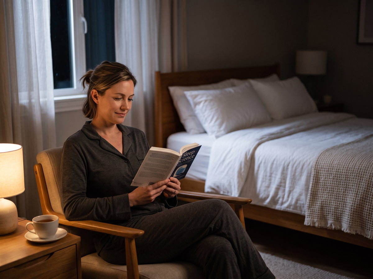 Woman Reading A Book In A Chair Beside Her Bed While Practicing Stimulus Control For Insomnia As Part Of Cbt-I.