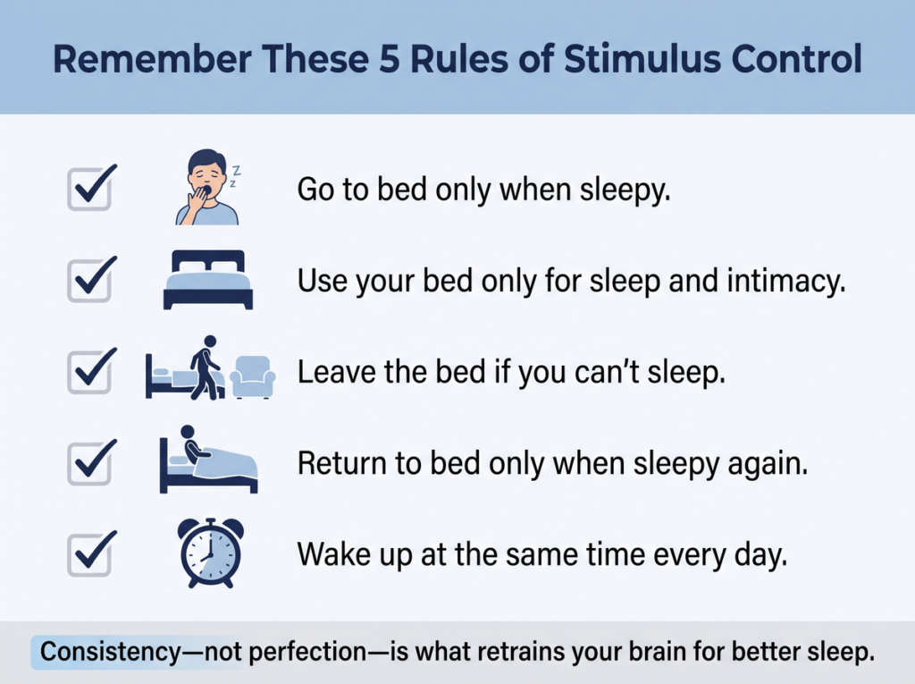 Infographic Showing The Five Core Rules Of Stimulus Control For Insomnia To Help Retrain The Brain For Better Sleep.