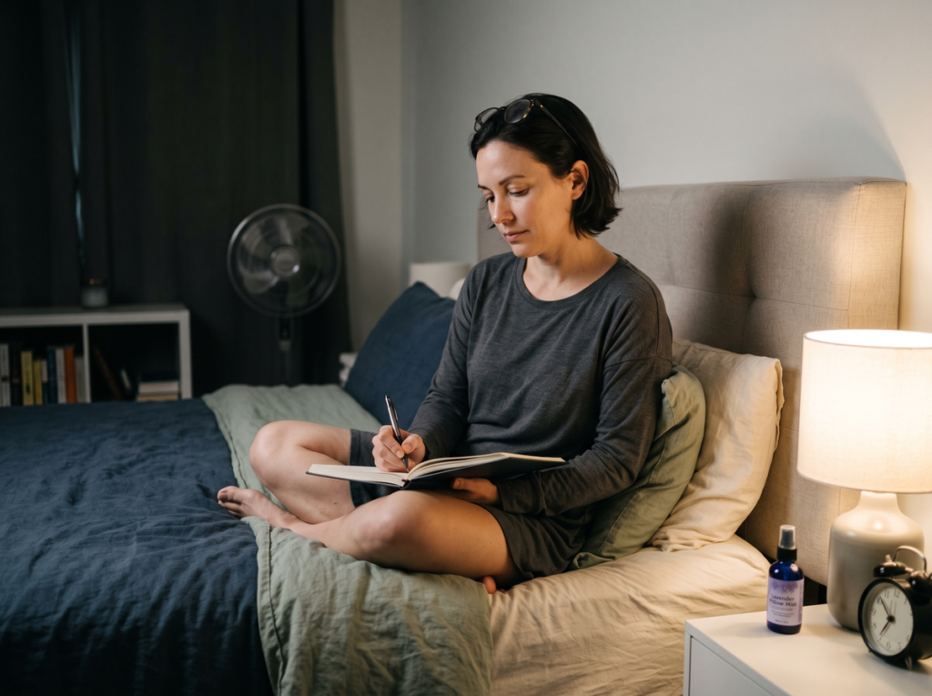 Woman Completing A Sleep Diary In A Calm Bedroom As Part Of A Cbt-I Routine For Improving Insomnia.
