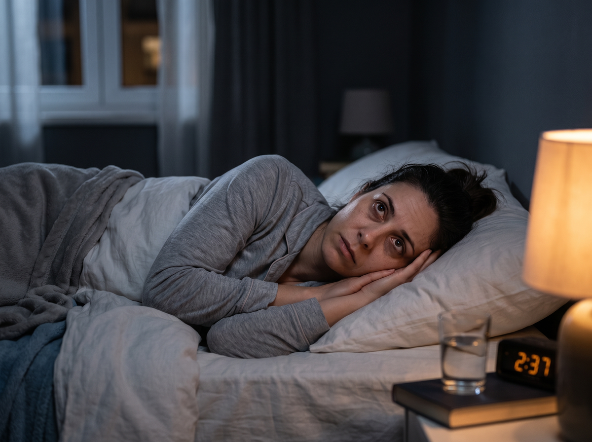 Person Lying Awake In Bed At Night Unable To Fall Asleep While The Bedside Clock Shows 2:37 Am.