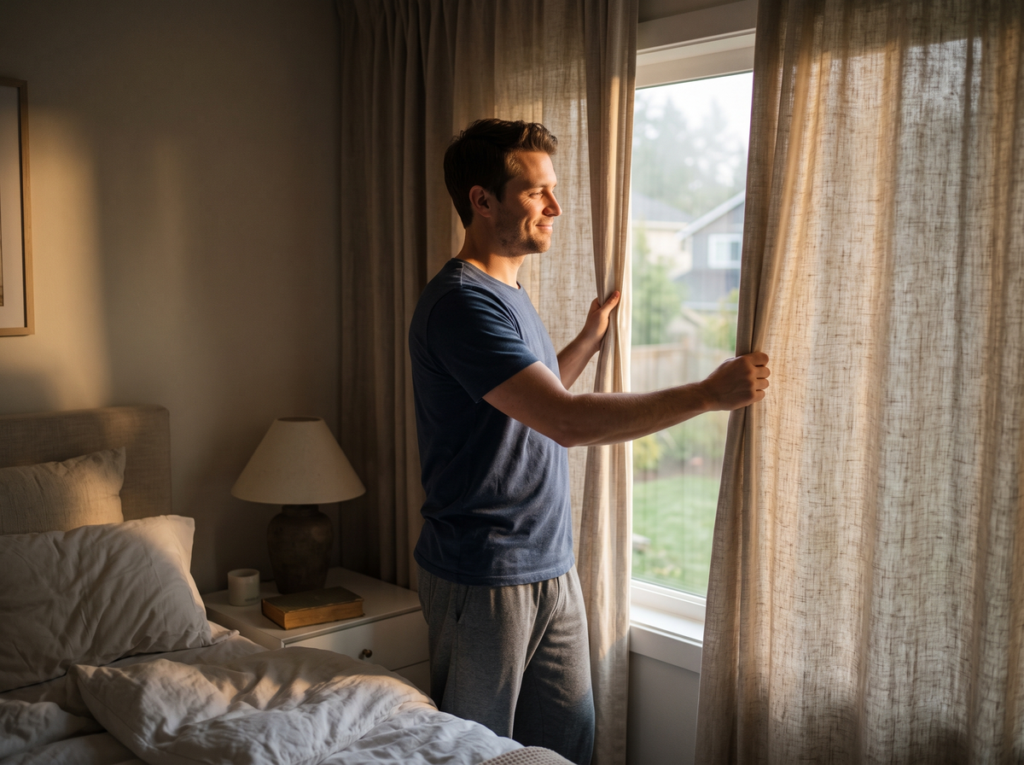 Man Opening Bedroom Curtains For Morning Light During Sleep Restriction Therapy.