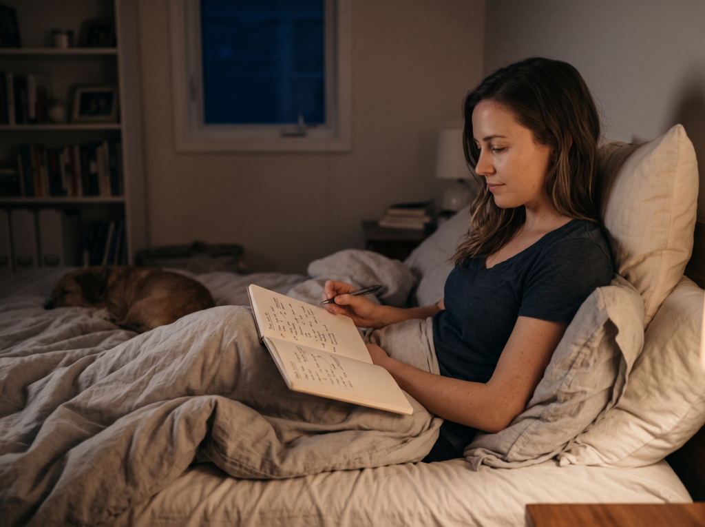 Person Writing Worries In A Journal Before Bed To Calm A Racing Mind And Prepare For Sleep.